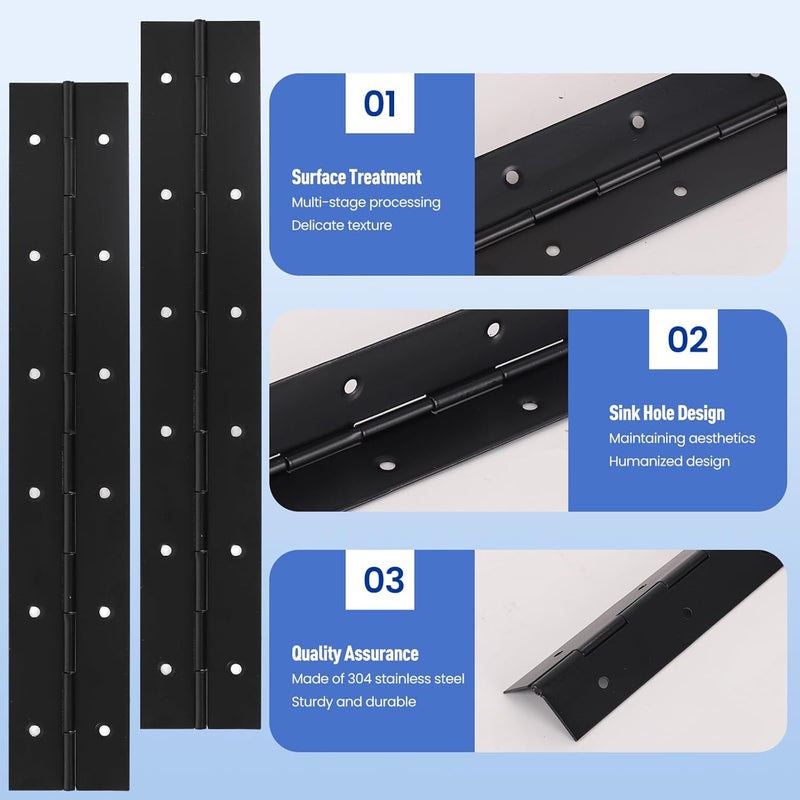 Paysky 4PACK 8 Inch Heavy Duty Piano Hinge, Black Stainless Steel Continuous & Piano Hinge,2" Open Width,for Cabinet Door Cases Woodworking Wood Furniture Tool Storage Boxes with 32pcs Screws - Image 3